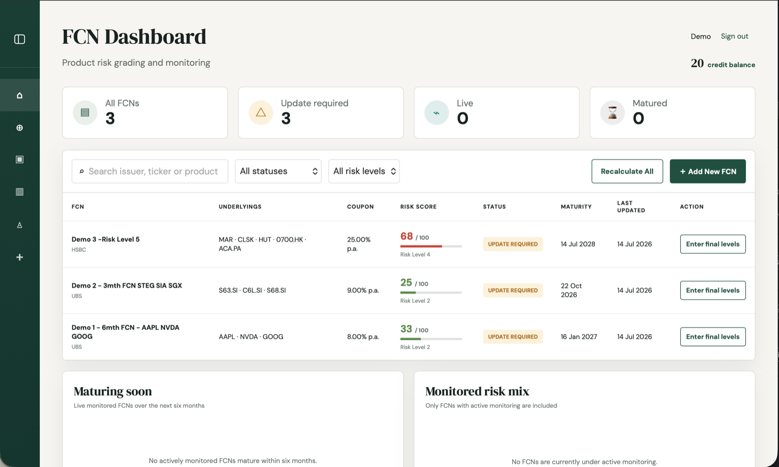 FCN Risk Lab portfolio dashboard on desktop