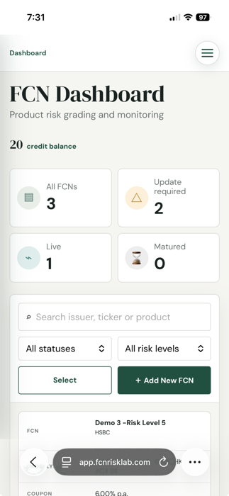 FCN Risk Lab dashboard on a mobile phone